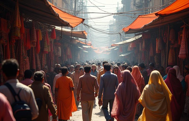 Vibrant and crowded Indian market street scene.
