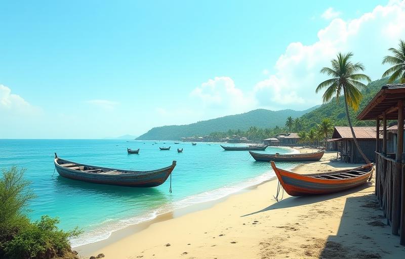 Picturesque view of a coastal fishing village by the sea.