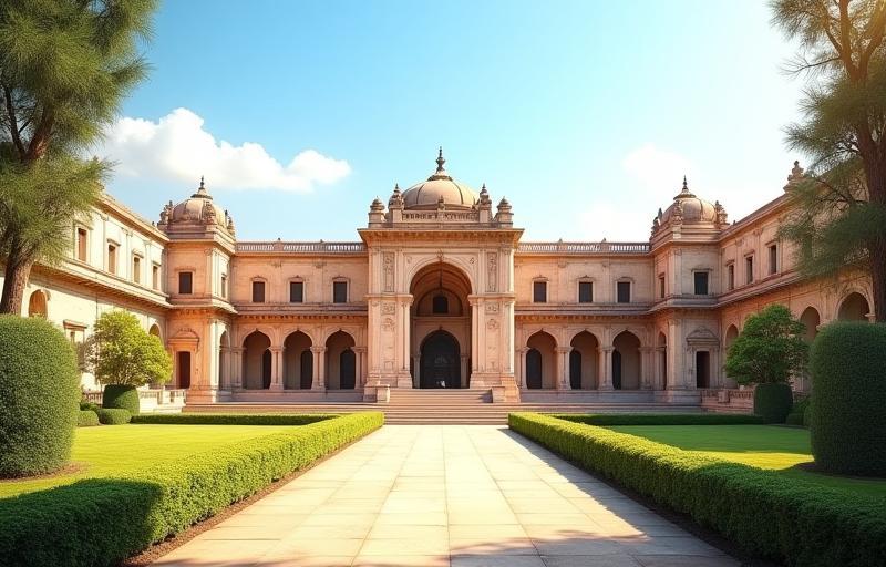 Exterior view of a grand historic palace in India.